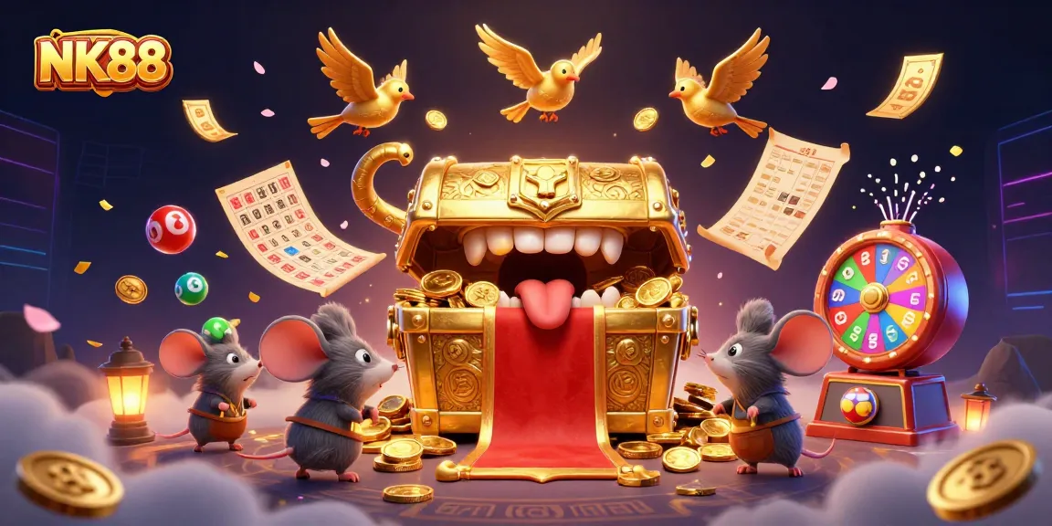 Navigating riches at NK88 with a vibrant scene of a golden treasure chest and adventurous mice