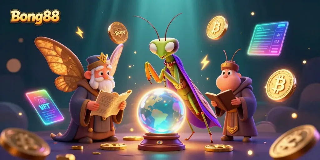 Experience the magical world of Bong88 with vibrant casino elements in a mystical scene