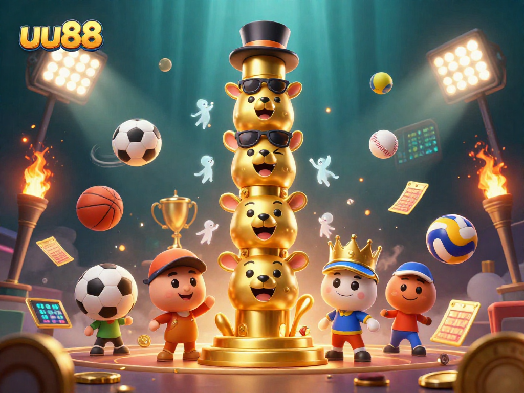 Experience thrilling action with uu88's vibrant 3D casino scene featuring a golden totem pole surrounded by sports elements.