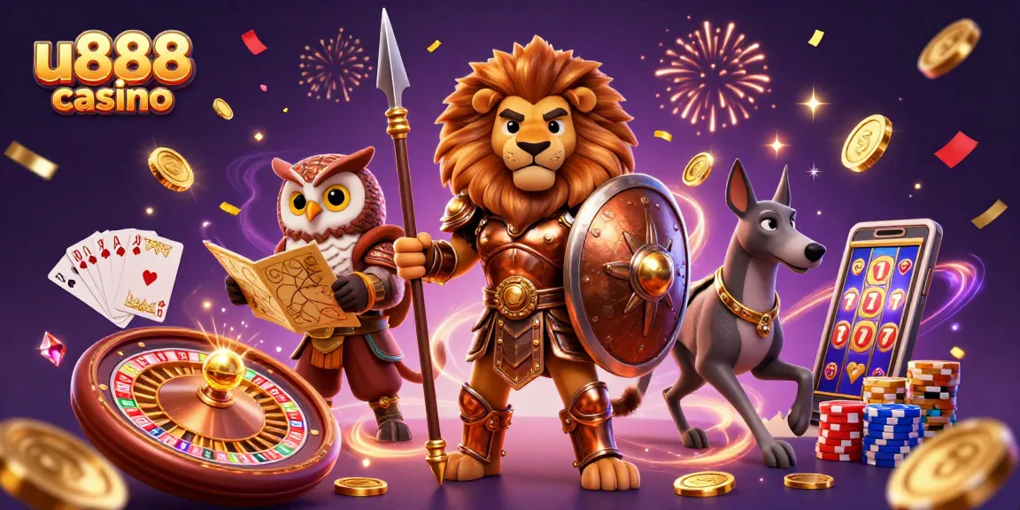Experience thrilling games at u888 casino with a dynamic 3D scene filled with excitement and winning elements.
