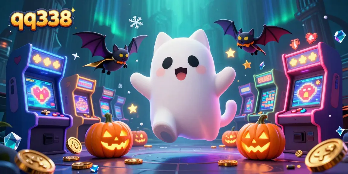 Experience thrilling gaming action with qq338's ghostly cat and spooky casino elements.