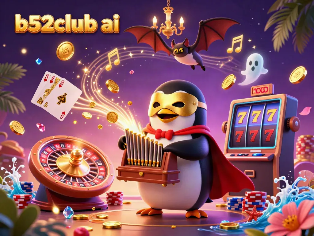 Engaging scene illustrating b52club ai with a cartoon penguin playing an organ, surrounded by gold coins and casino elements.