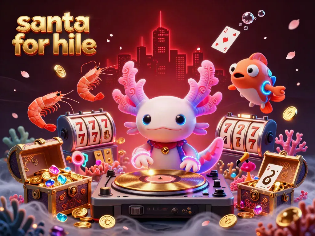 Engaging design showcasing santa for hire with festive elements and vibrant casino visuals, featuring vinyl records and dancing characters.