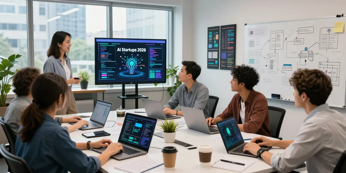 Diverse team collaborating in dynamic office setting focused on AI startups 2026 innovation.