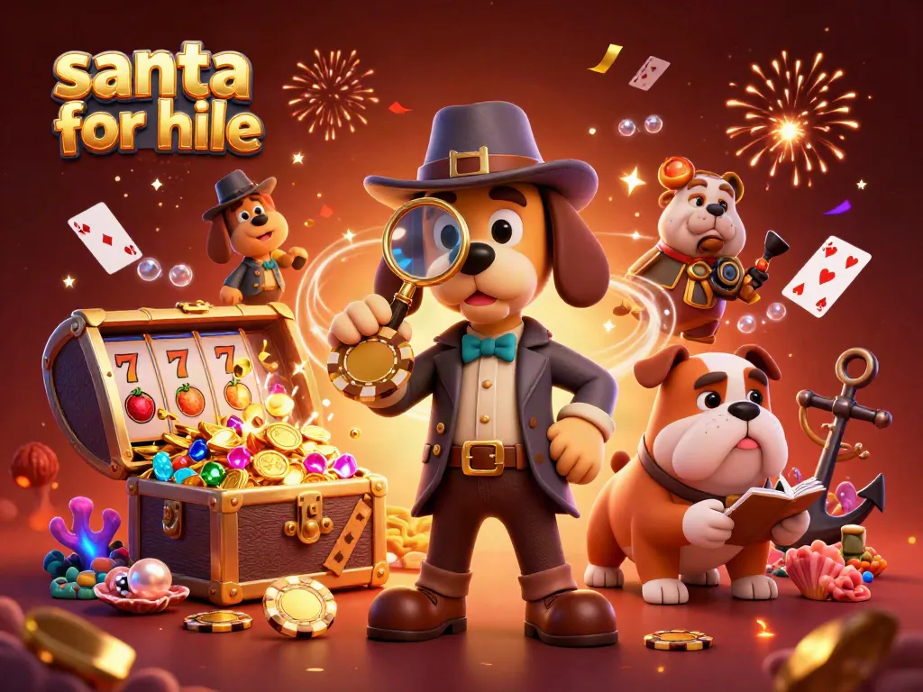Engaging scene showcasing santa for hire with a cartoon detective and gaming elements for a festive illustration.