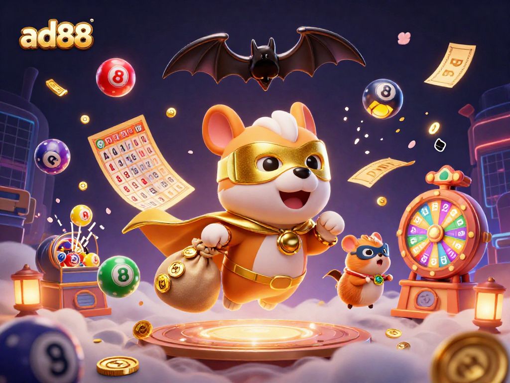 Join ad88's exciting adventure with a heroic dog, lottery games, and vibrant casino elements!