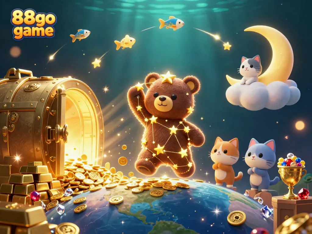Experience the thrilling 88go game as a constellation bear scoops coins amidst dazzling treasures.