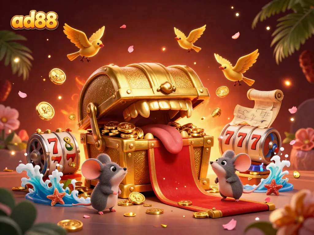 Engage in thrilling casino action with ad88's vibrant 3D scene showcasing slot reels and treasure