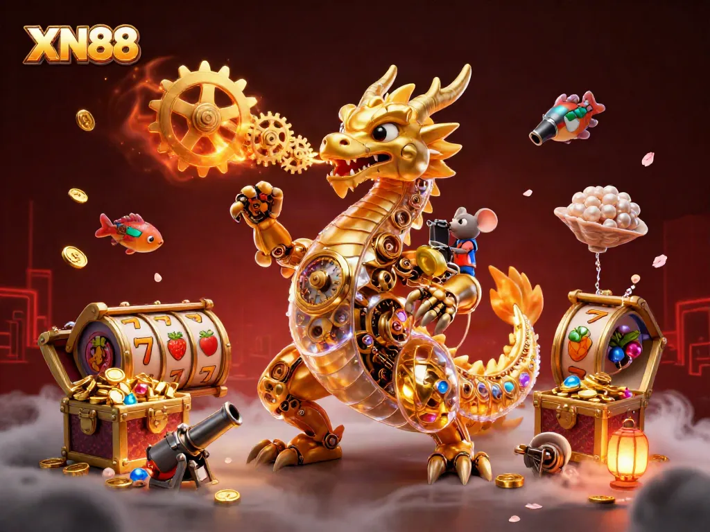 Experience the thrilling world of XN88 with a golden dragon and treasures in a dynamic casino setting.