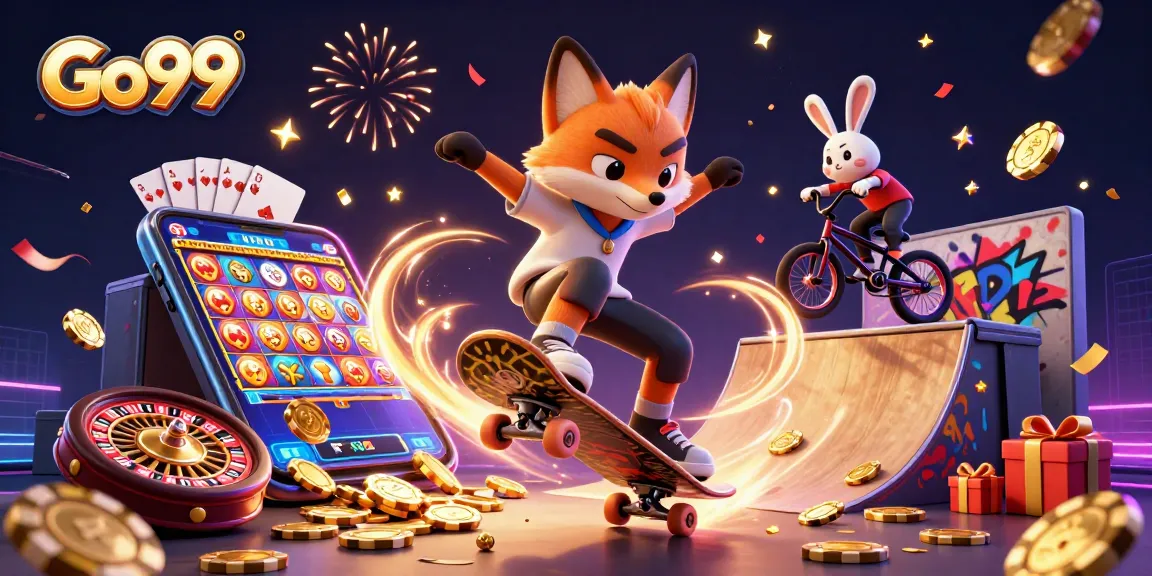 Go99 illustrates a lively casino scene with a skateboard fox and BMX rabbit amidst slot games and poker chips.
