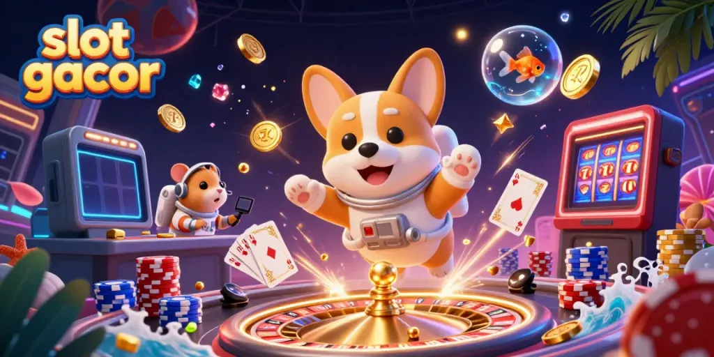 Experience the slots with the slot gacor in this dynamic 3D casino illustration featuring floating characters.