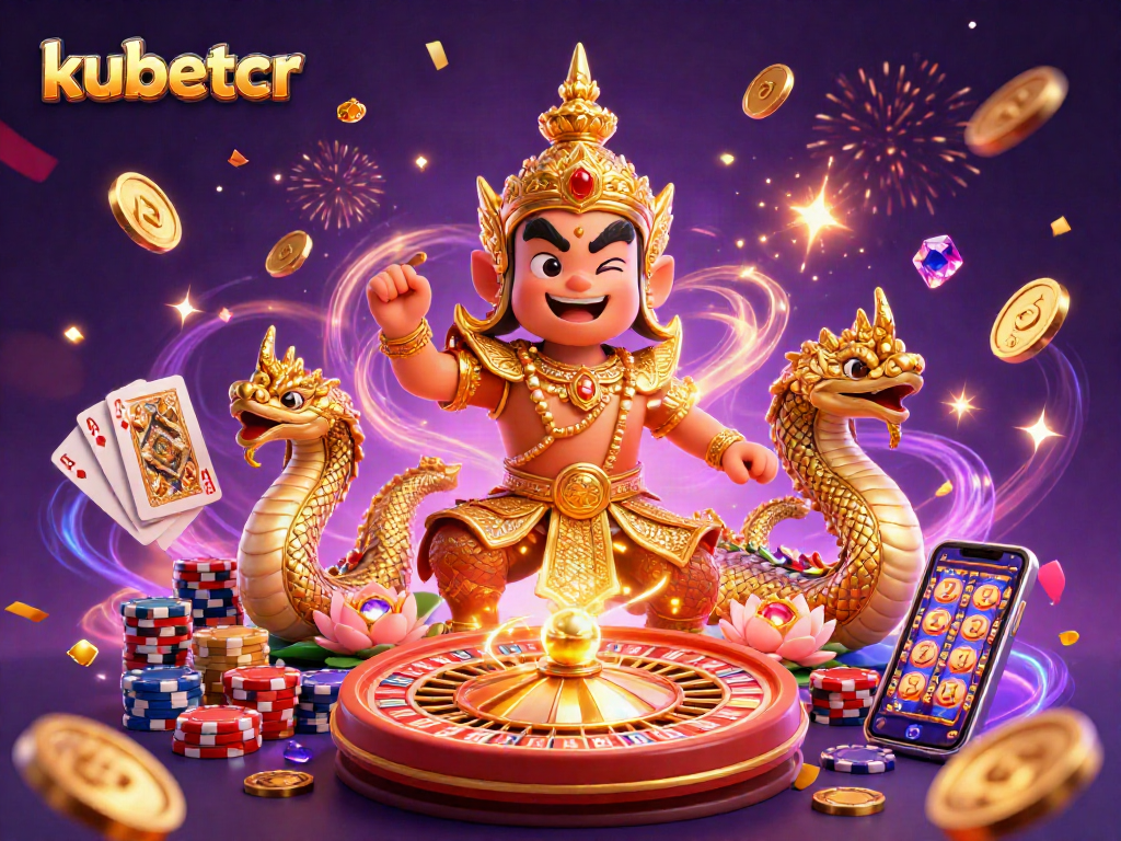 Engage with kubetcr through an energetic casino illustration featuring vibrant characters and game elements.