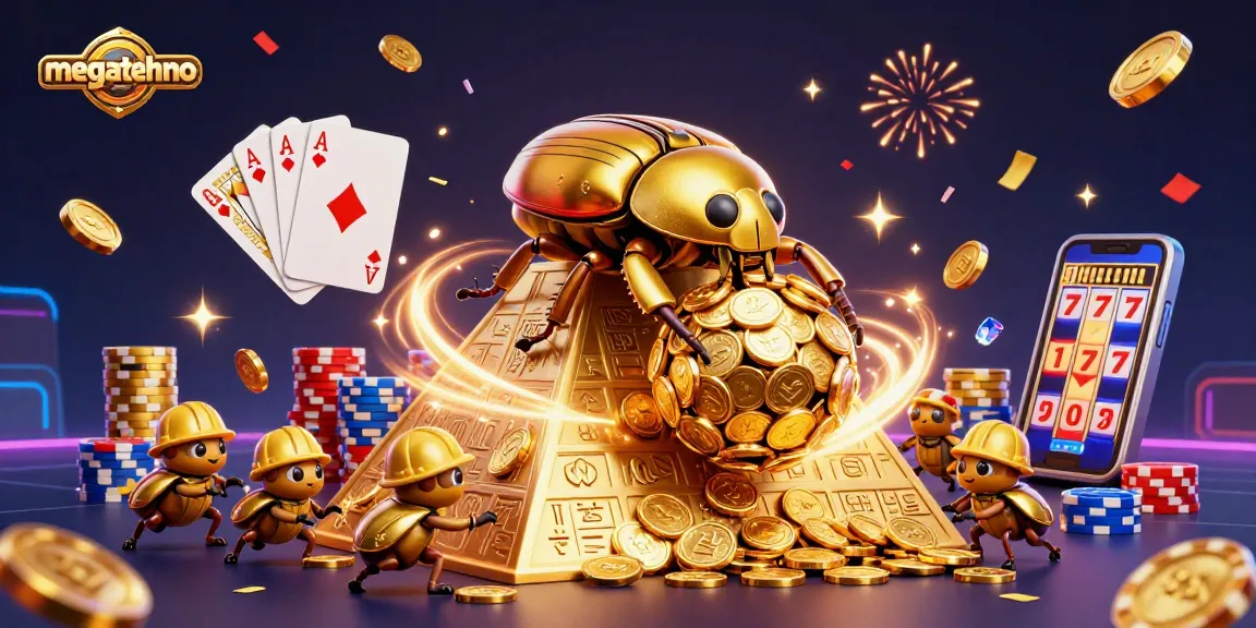 Engage with megatehno's thrilling gaming experience as golden beetles celebrate wins surrounded by coins and gems.