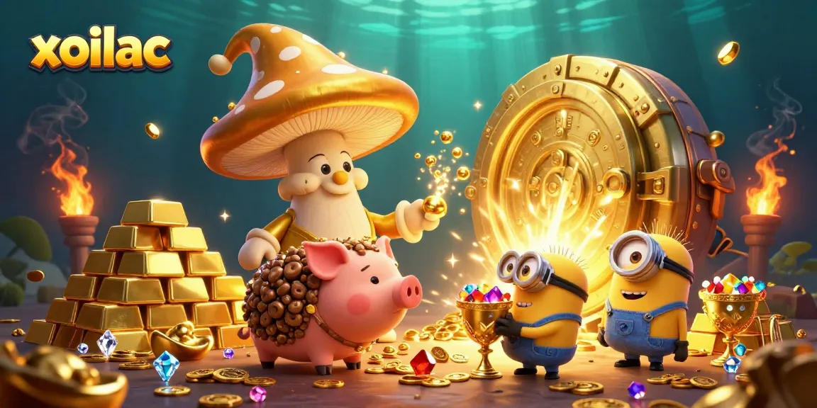 Xoilac transforms the gaming scene into gold with a golden wizard and jewels scattered around.