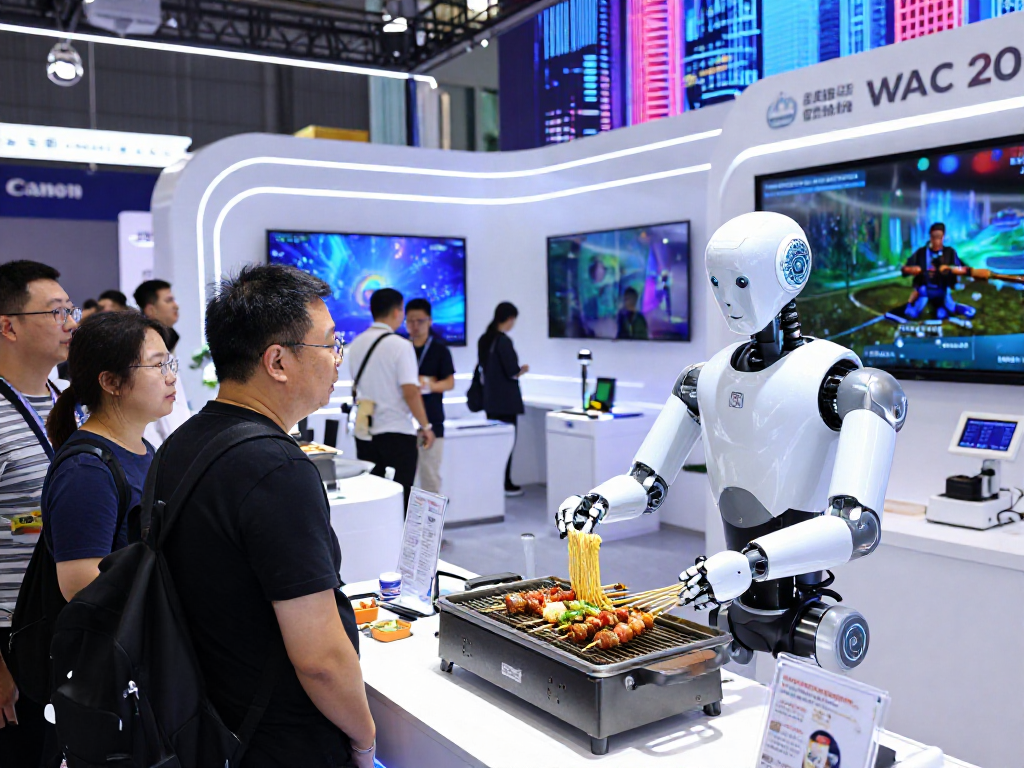 Humanoid robot grilling noodles at WAIC 2026, showcasing Robot 24 technology innovations in AI.