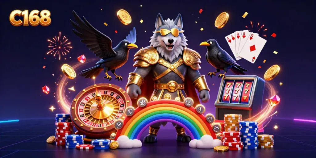 Experience thrilling action with C168 as Odin and his ravens stand before a rainbow bridge of casino chips.