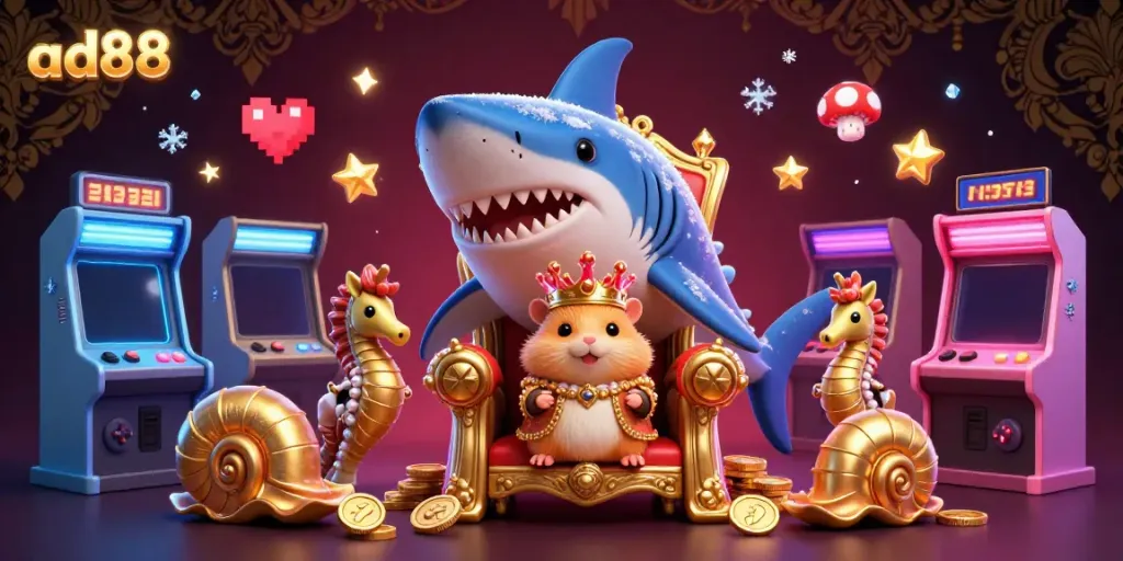 Experience the thrill of winning at ad88 with a vibrant 3D casino scene featuring a hamster king and game elements.