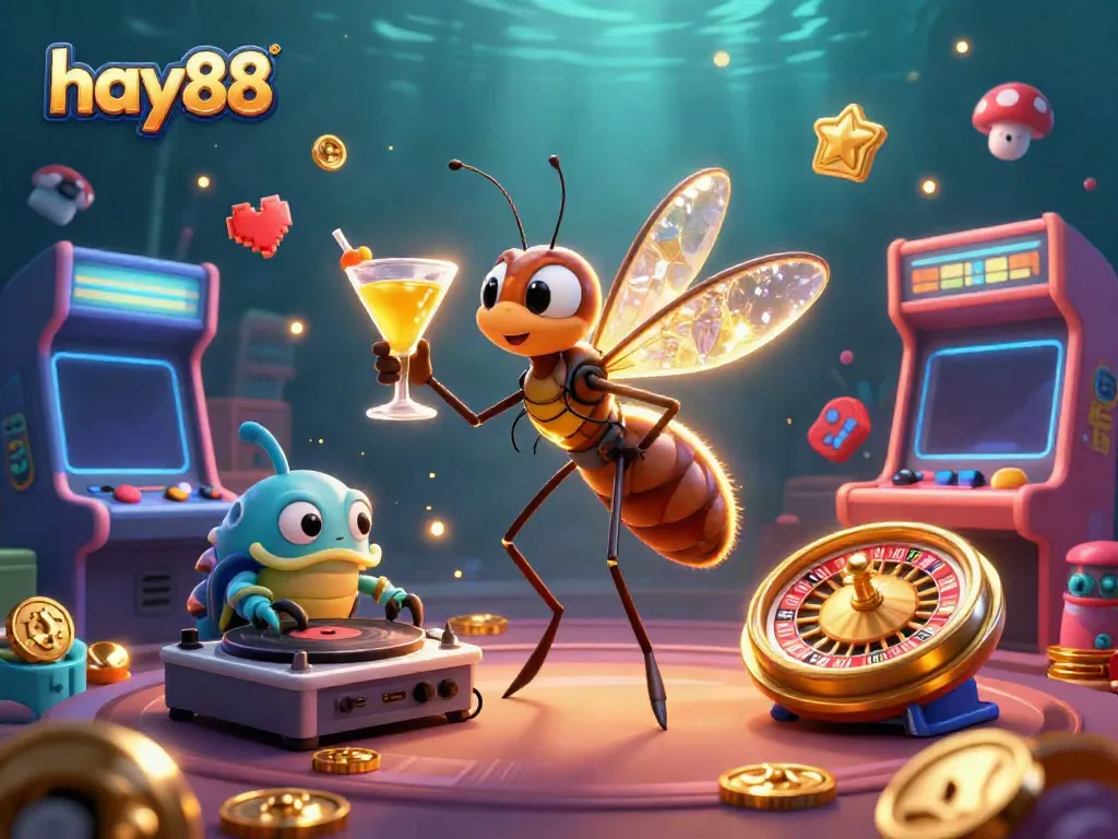 Experience the excitement of hay88 with a whimsical 3D casino scene featuring unique characters.