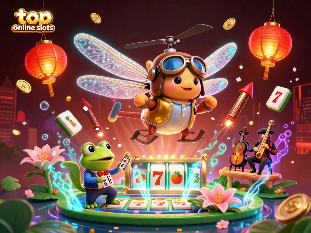 Experience top online slots with a vibrant casino scene featuring characters and dynamic gameplay elements.