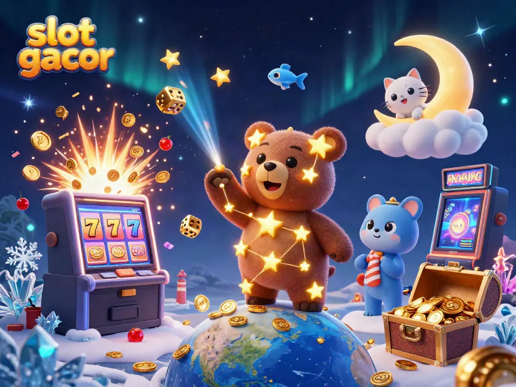 Experience slot gacor with a dynamic scene of a cartoon bear, coins, and a bursting jackpot!