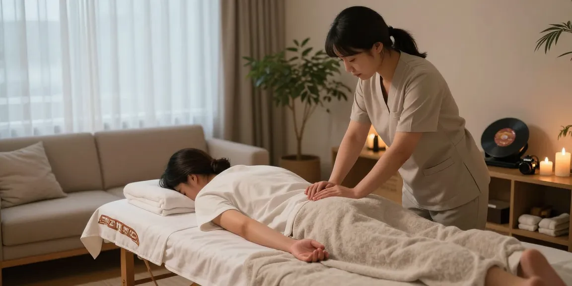 Relaxing 서울출장마사지 session in a tranquil home setting with soft lighting and soothing atmosphere.