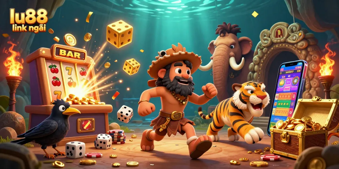 Experience the thrill of the prehistoric casino with lu88 link mới, showcasing a jackpot scene and vibrant game elements.