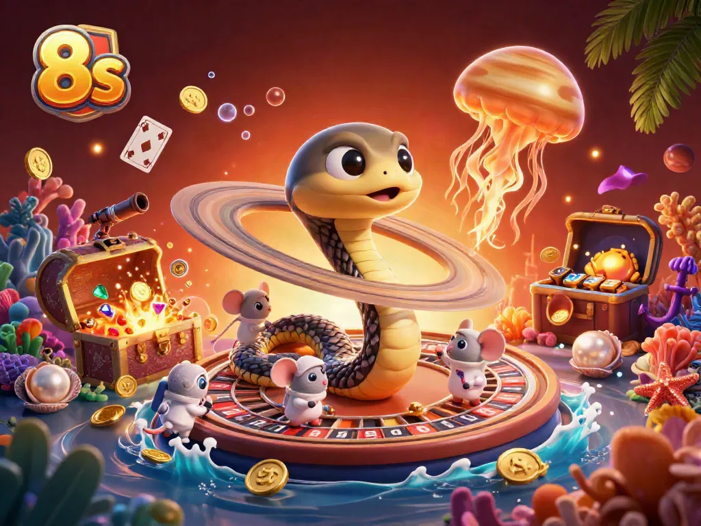 Spin the 8s roulette with whimsical astronaut mice betting on a cosmic casino scene.