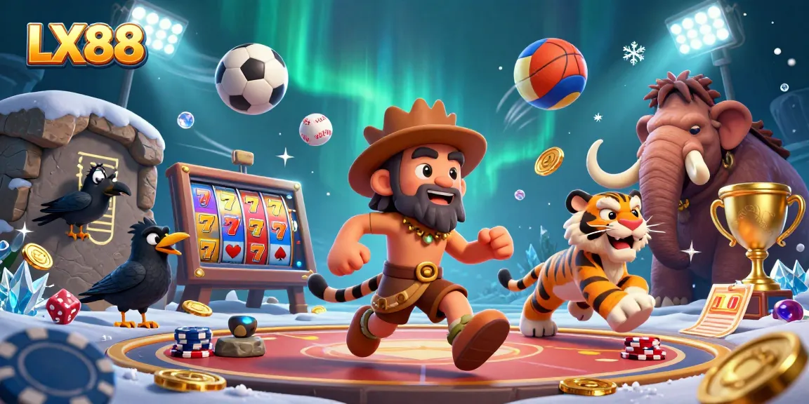 Experience an exciting LX88 casino atmosphere with cavemen, wild creatures, and vibrant betting elements.