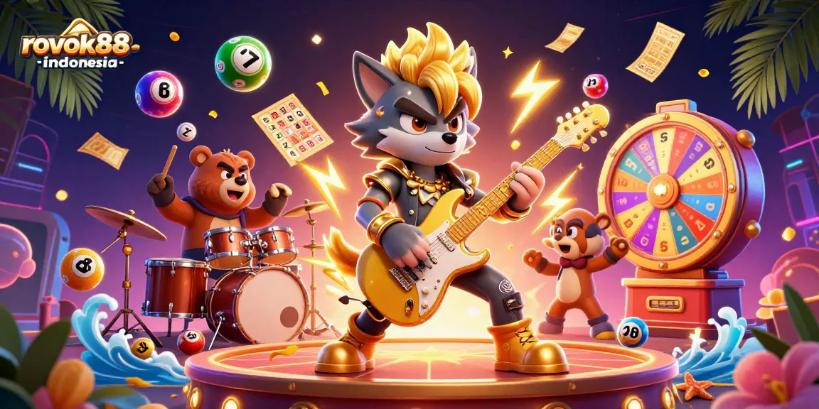 Engage with rokok88-indonesia as the rock star wolf shreds on guitar, amidst a colorful casino scene.