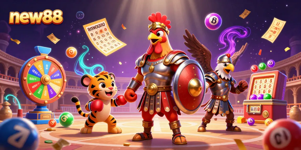 Experience the excitement of new88 with our vibrant 3D casino scene featuring a gladiator rooster and dynamic game elements.