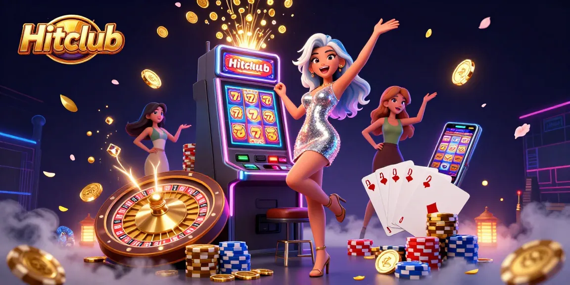 Hitclub celebrates with jackpot wins as a stunning woman embraces the excitement in a dynamic casino scene.