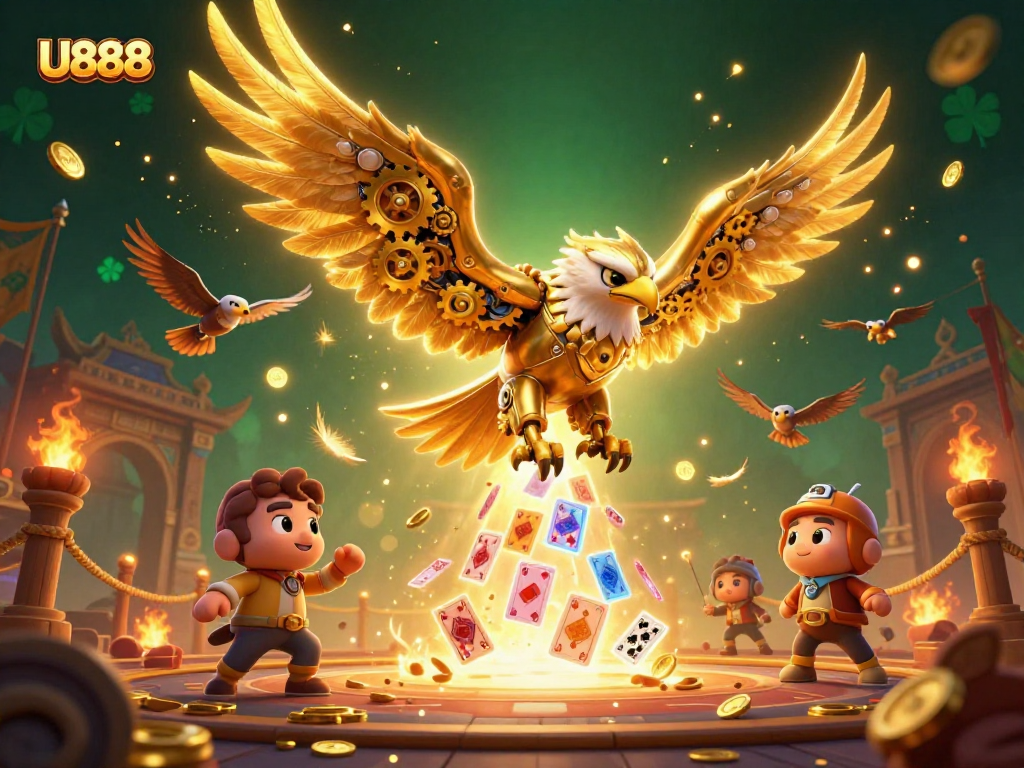 Experience the thrill of U888 with a cybernetic eagle soaring through holographic cards and casino elements