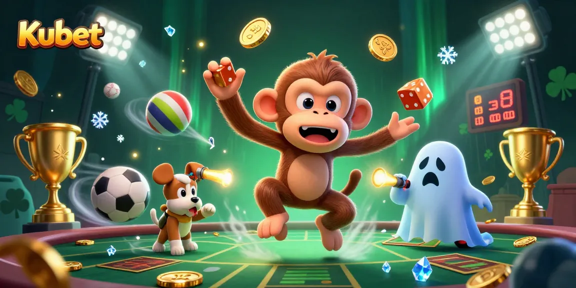 Kubet showcases a playful poltergeist monkey juggling in a haunted casino scene with dynamic sports elements and a curious puppy.