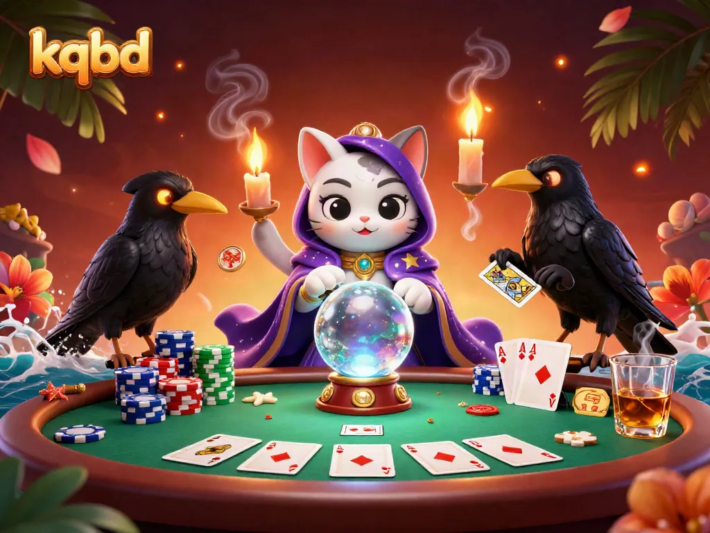 KQBD seamlessly mixes a mystic cat and a raven in a dynamic casino scene filled with poker elements.