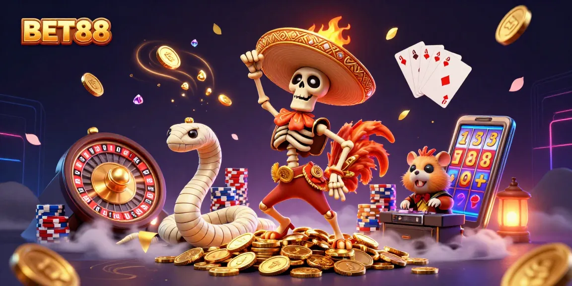 Watch the BET88 victory dance by a colorful 3D skeleton mariachi character amid golden casino treasures.