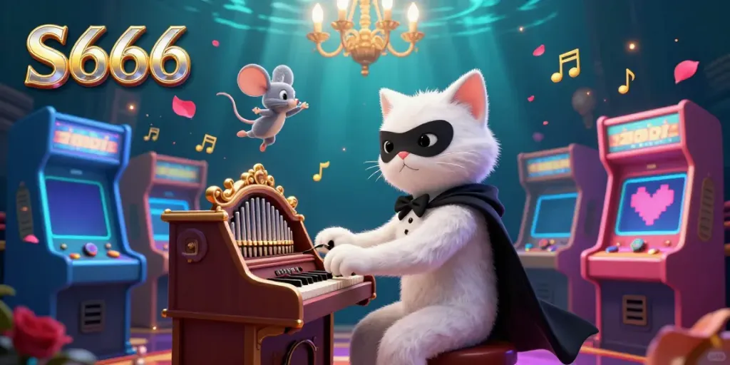 S666 brings an enchanting moment in a casino scene with a masked cat, vibrant arcade machines, and dazzling elements.