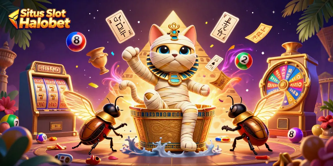 Situs Slot Halobet showcases an Egyptian mummy cat amidst dynamic slot elements, promising excitement for players.