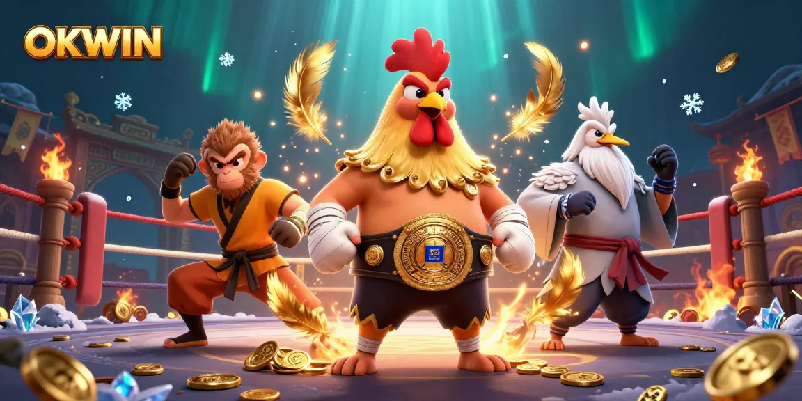 OKWIN showcases a dynamic 3D scene of a fierce Muay Thai rooster, Shaolin monkey, and wise crane in a vibrant casino setting.
