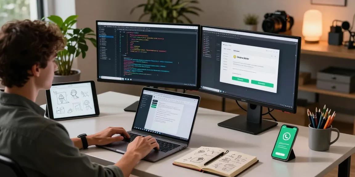 WhatsApp下載 in modern workspace with developer coding on dual monitors surrounded by tech gadgets.