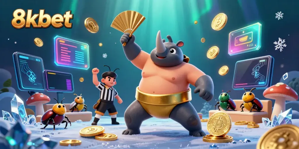 Experience the vibrant energy of 8xbet as a rhinoceros beetle sumo champion triumphs in a colorful casino scene.