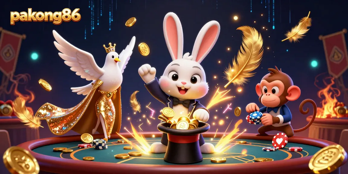 Experience pakong86 magic as a cartoon rabbit conjures coins and poker chips in a vibrant casino setting.