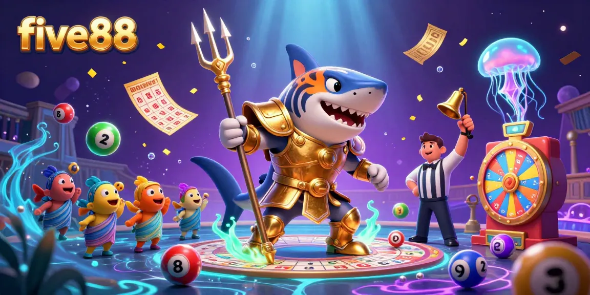 Engage with the exciting world of five88, as a tiger shark battles in an underwater lottery arena full of vibrant elements.