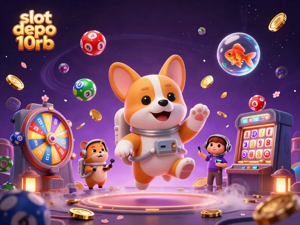 Spin to win with slot depo 10rb in a vibrant, zero-gravity casino scene.