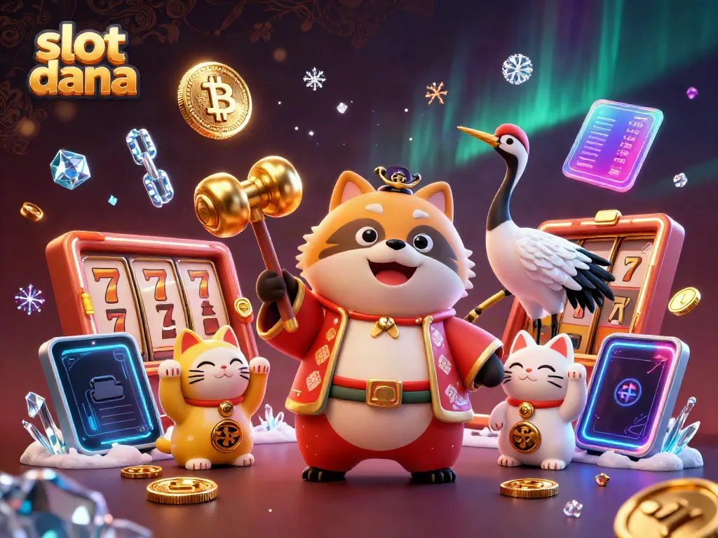 Ilustrasi 3D slot dana menampilkan tanuki beruntung dan kucing maneki-neko dengan elemen slot mengelilinginya.