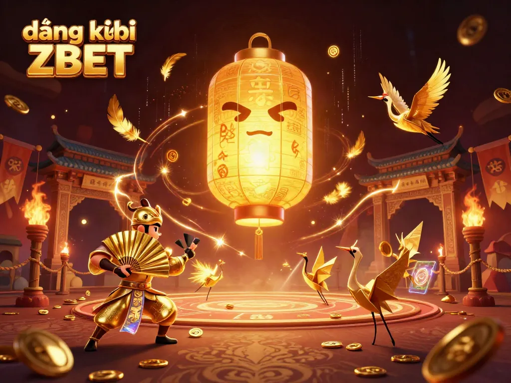 Engage with the vibrant scene of đăng ký ZBET showcasing a giant golden lantern spirit above a bustling casino filled with dynamic elements.