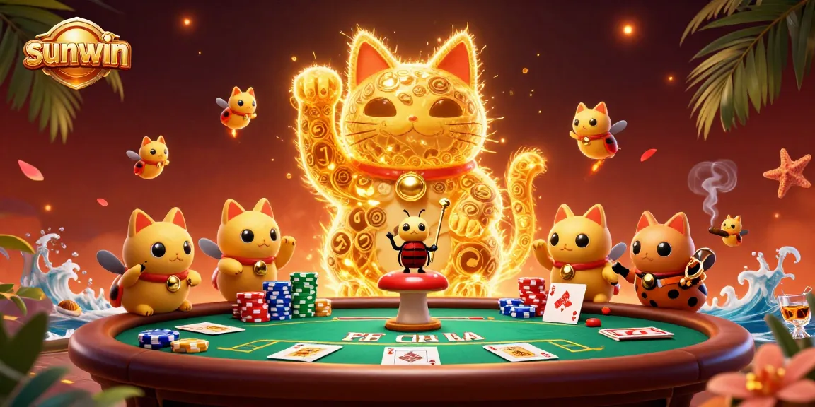 Experience the vibrant sunwin casino atmosphere as golden fireflies create a lucky cat among poker elements.