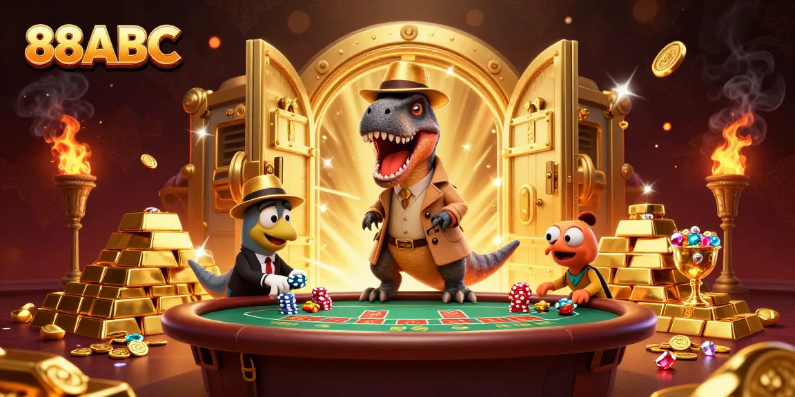 Claim big wins at 88ABC with a vibrant casino scene featuring dinosaurs and riches.