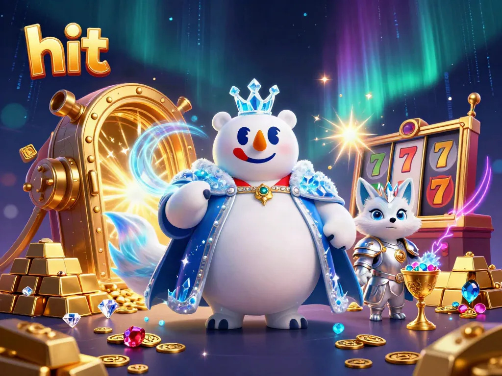 Engage in the hit casino adventure with a dynamic 3D polar bear and snow fox surrounded by treasures and vibrant energy.