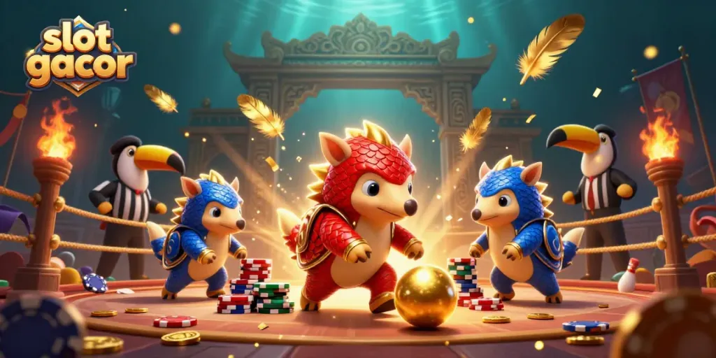 Engage in thrilling slot gacor action with rival pangolins in a vibrant casino scene.