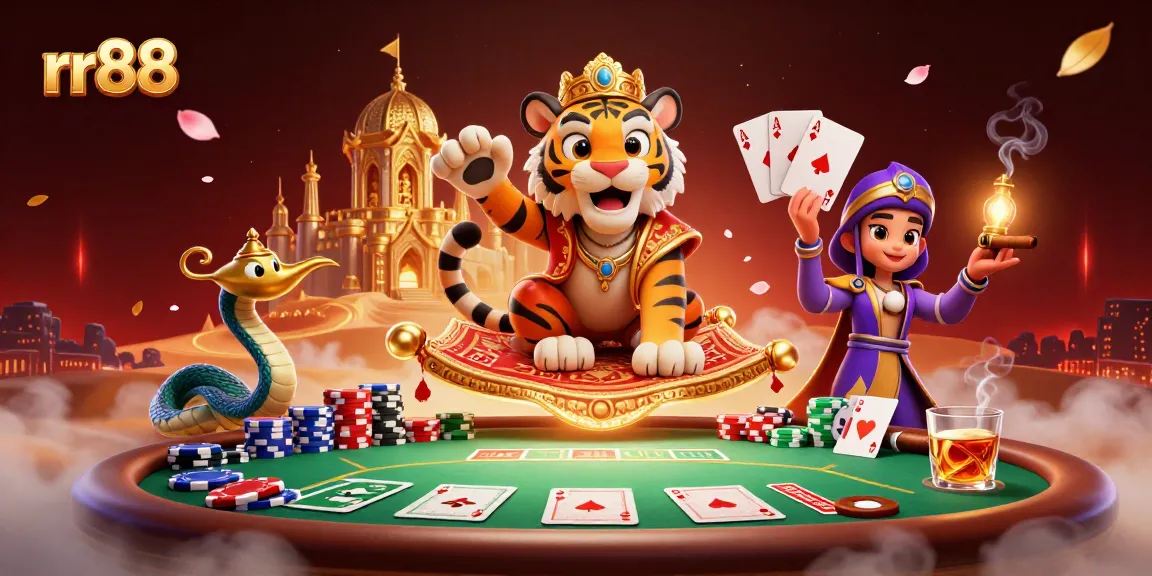 Win big at rr88 with a vibrant casino scene filled with poker elements and characters.